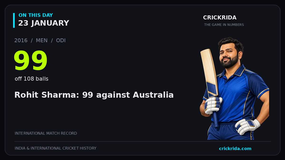 On this day, 23 January: Rohit Sharma: 99 against Australia. 2016; 99, off 108 balls.