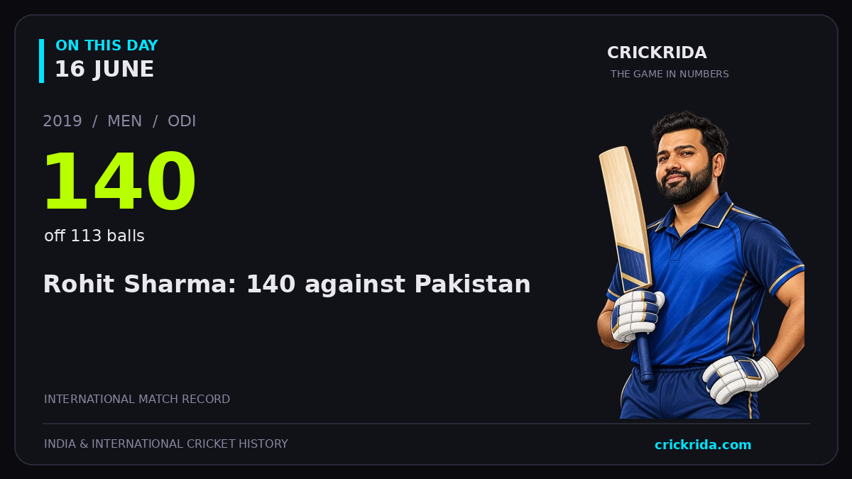 On this day, 16 June: Rohit Sharma: 140 against Pakistan. 2019; 140, off 113 balls.